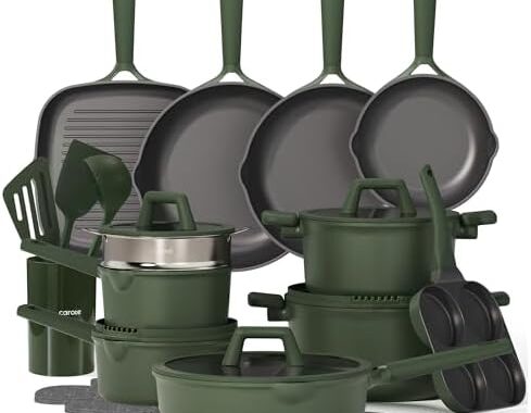CAROTE 31pcs Pots and Pans Set, Nonstick Cookware Set | Egg Pan, Steamer & Durable Silicone Utensils, Even Heating, All-Stovetop Compatible, Green