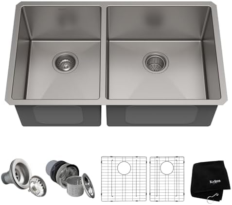 KRAUS Standart Pro 33 -inch Undermount 60/40 Double Bowl 16 Gauge Stainless Steel Kitchen Sink, KHU104-33