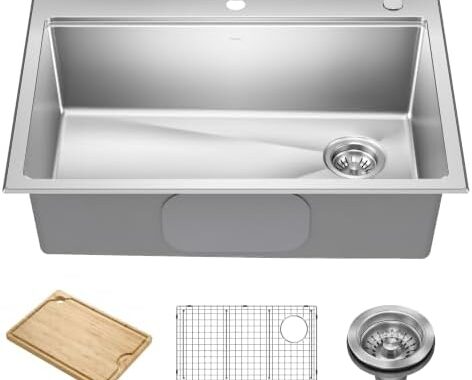 KRAUS Fairlane 30 in Drop In/Top Mount Workstation Single Bowl 18-Gauge Stainless Steel Kitchen Sink with Accessories, KWT610-30