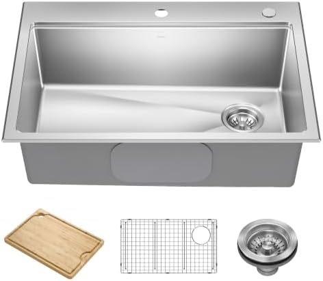 KRAUS Fairlane 30 in Drop In/Top Mount Workstation Single Bowl 18-Gauge Stainless Steel Kitchen Sink with Accessories, KWT610-30