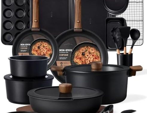 CAROTE 31pcs Pots and Pans Set Non Stick, Cookware Set Detachable Handle | Baking Pans Set, Induction Compatible, Dishwasher & Oven Safe, Space Saving, Camping Cooking Set, Kitchen Set, Black