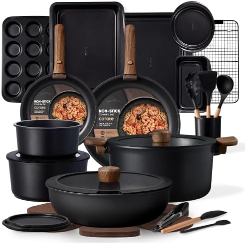 CAROTE 31pcs Pots and Pans Set Non Stick, Cookware Set Detachable Handle | Baking Pans Set, Induction Compatible, Dishwasher & Oven Safe, Space Saving, Camping Cooking Set, Kitchen Set, Black