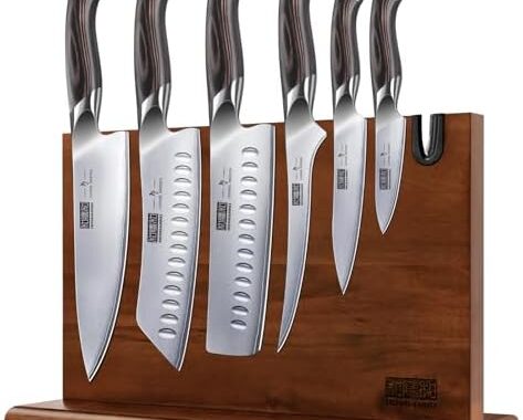 HOSHANHO 7PCS Kitchen Knife Set, Japanese Magnetic Knife Block Set | Ultra Sharp Japanese High Carbon Stainless Steel Chef Knives Sets with Block, Ergonomic Pakkawood Handle, Ideal Cooking Gift